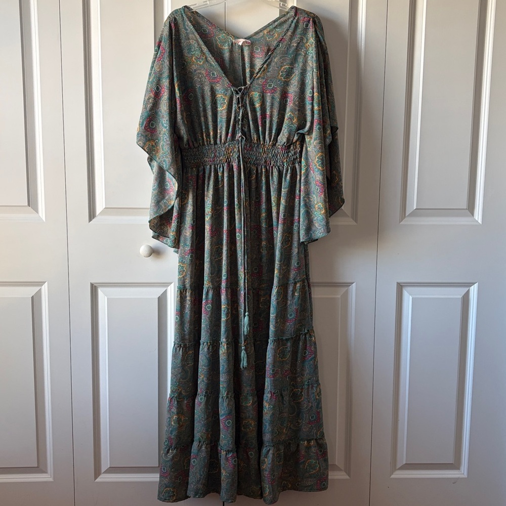 Anthropologie Paisley Midi Dress in Sage Green with Pink and Gold Accents